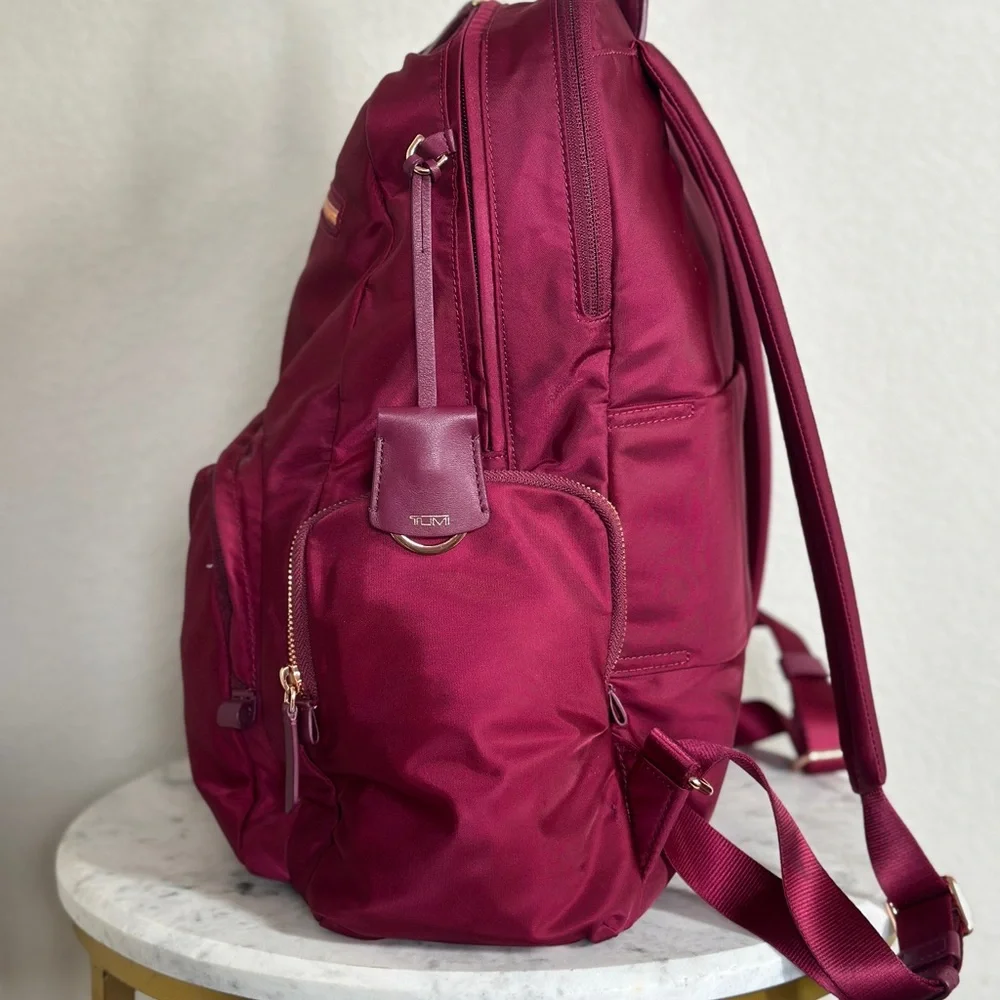 Tumi Voyageur Maroon Ladies Laptop Backpack with Gold Accents. Nylon and Leather - Picture 4 of 16